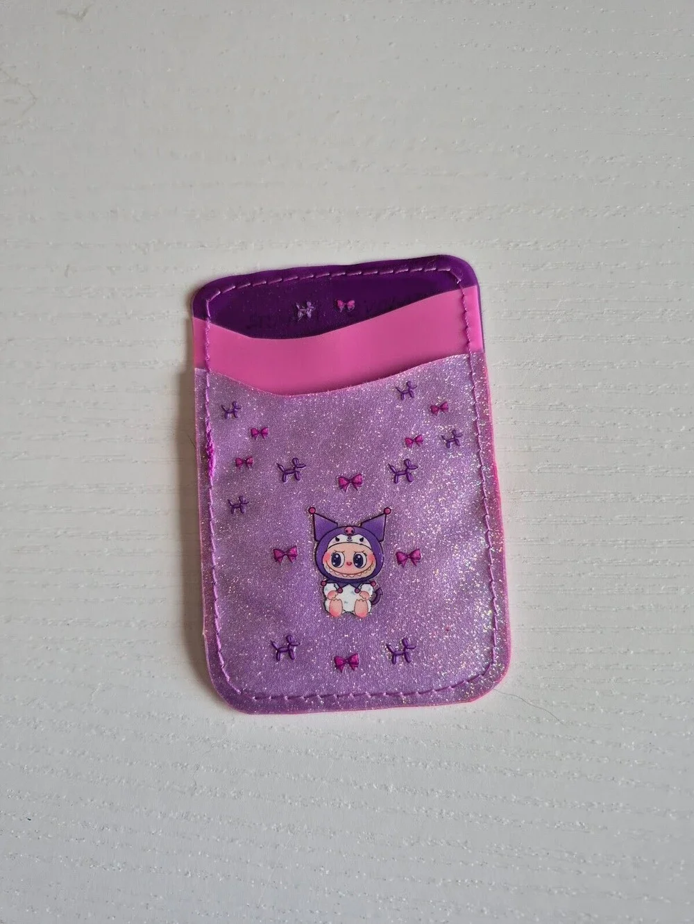 Purple glitter bows and balloon dogs phone wallet w/ 2 card slots